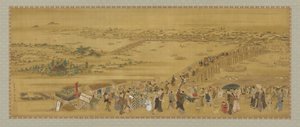 Ryogoku Bridge, Edo-perioden (farve og guld på silke)